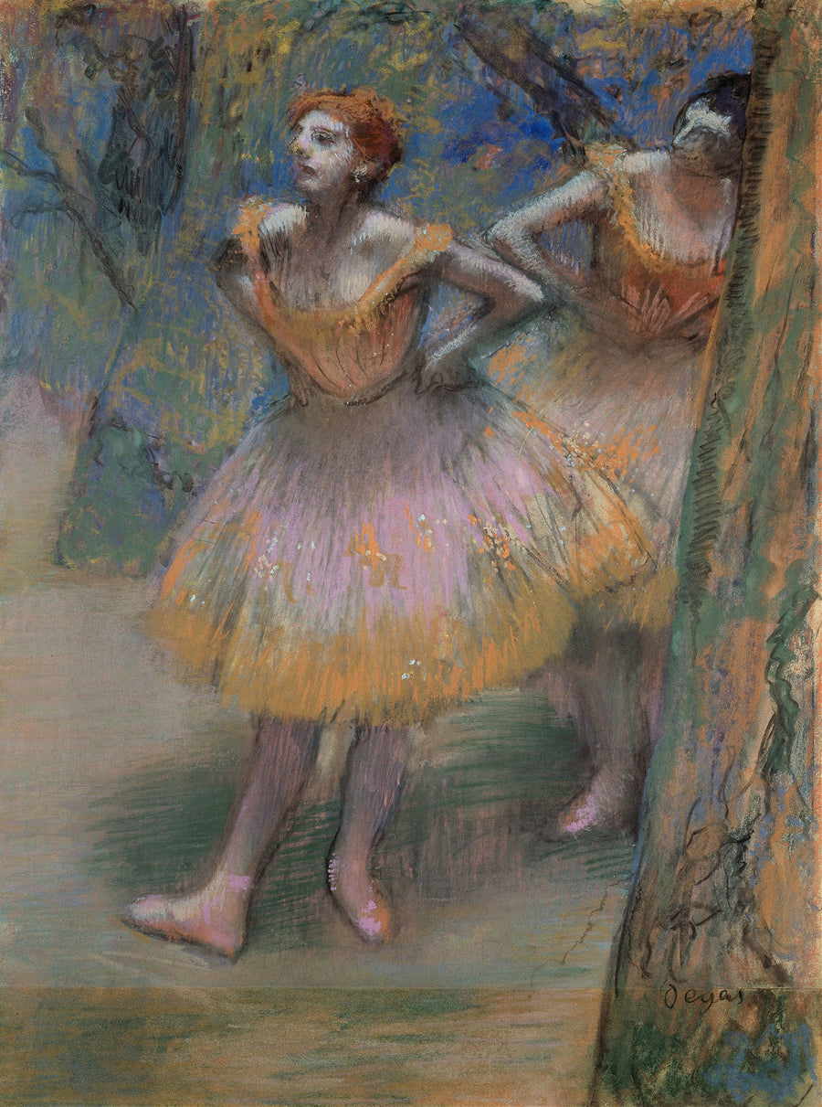 Edgar Degas — Two Dancers (Lilac and Orange Tutus) | Fine Art Print shown to scale on a wall above a sofa