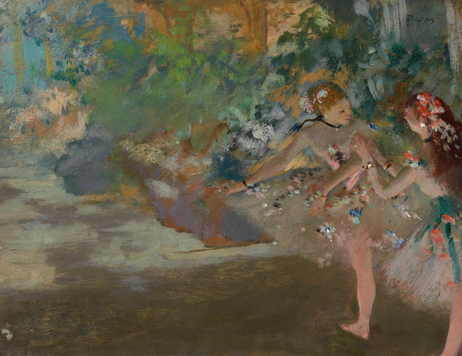 Edgar Degas — Two Dancers on Stage (Painted Foliage) | Fine Art Print shown to scale on a wall above a sofa
