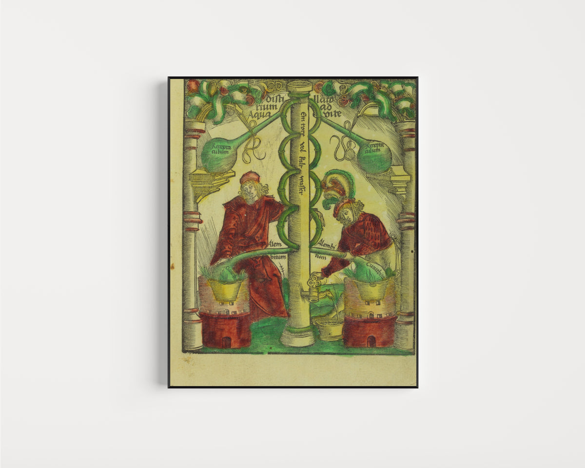 Framed art print of Two Distillers at the Twin Column (Liber de arte distillandi, title… by Hieronymus Brunschwig, in a slim black frame on a plain white wall