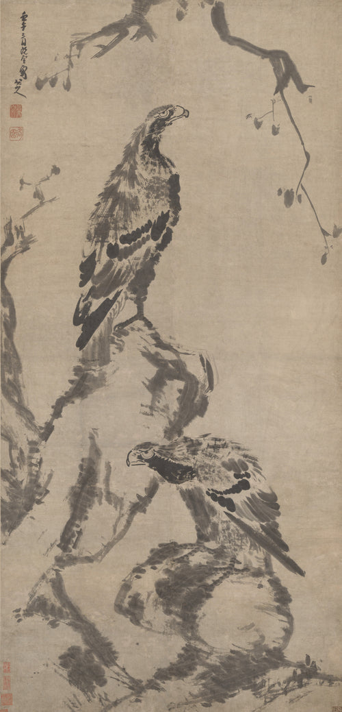 Two Eagles by Bada Shanren — Two eagles keep watch from a rocky outcrop in grey ink