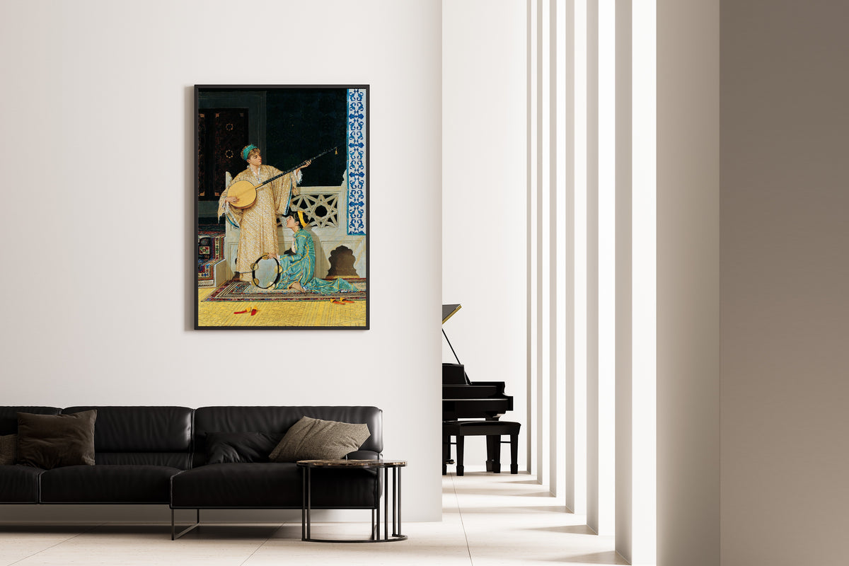 Two Musician Girls by Osman Hamdi Bey — framed on the wall of a minimal living room