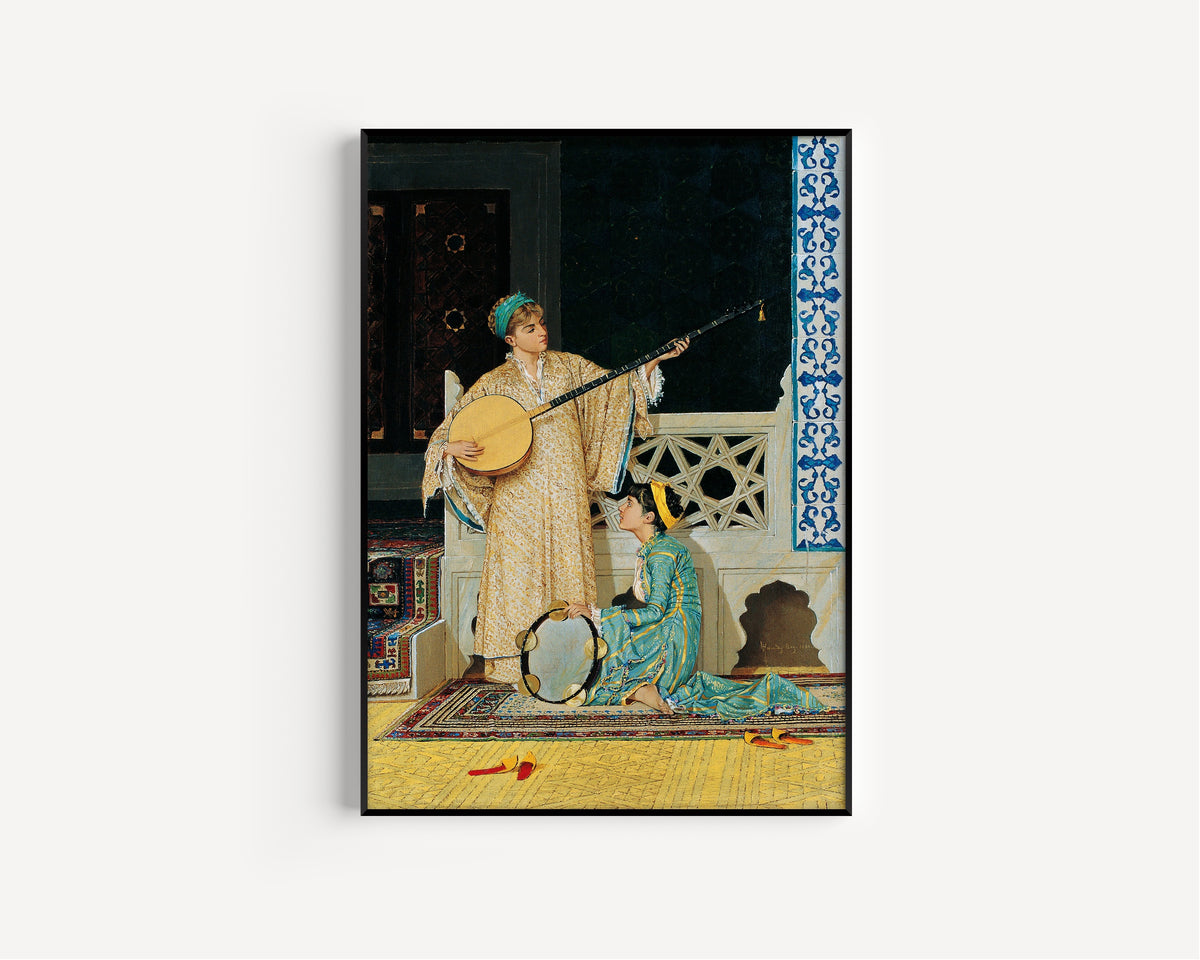 Two Musician Girls by Osman Hamdi Bey — in a slim black frame on a plain white wall