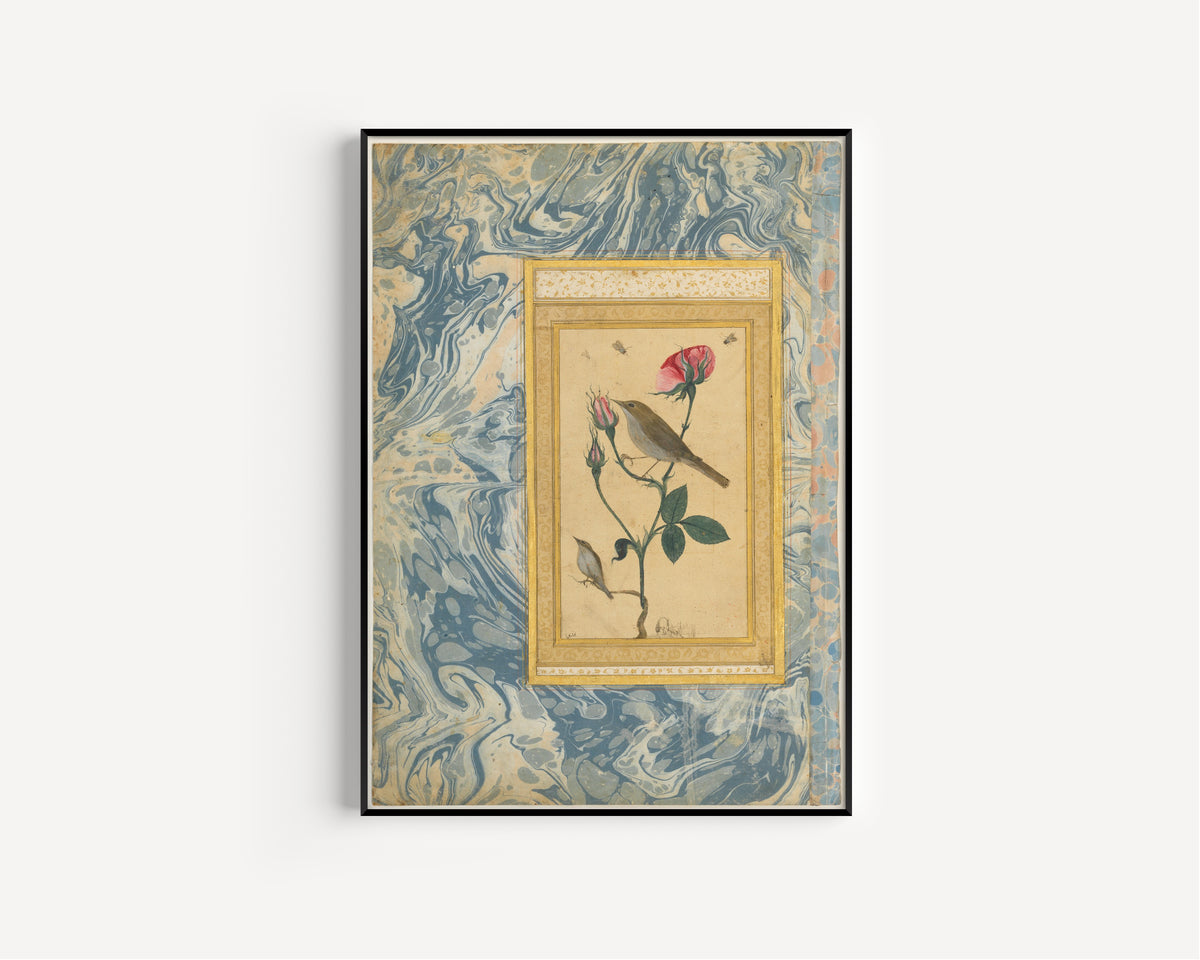 Abdullah Bukhari — Two Nightingales in a Rose Bush | Persian Miniature Art Print