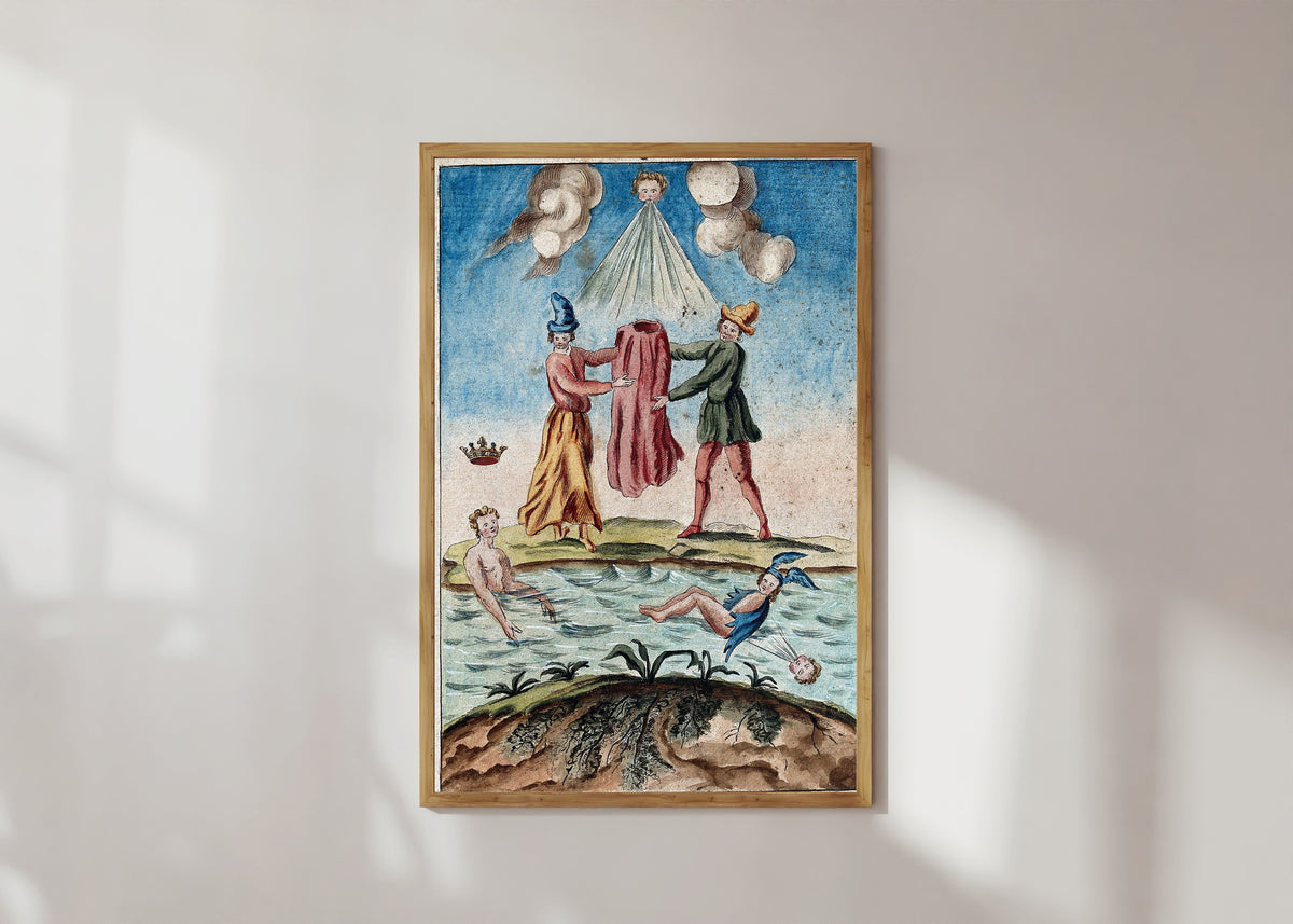 Framed art print of Two Peasants Holding a Red Robe, with Mercury Resting on Water by After Nicolas Flamel, in a light wood frame on a sunlit white wall