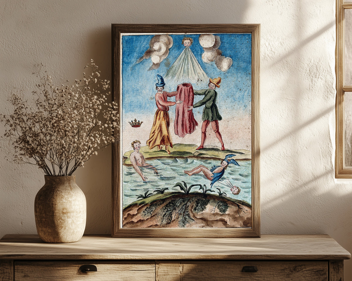 Framed art print of Two Peasants Holding a Red Robe, with… by After Nicolas Flamel, in a dark wood frame leaning on a rustic console beside dried flowers