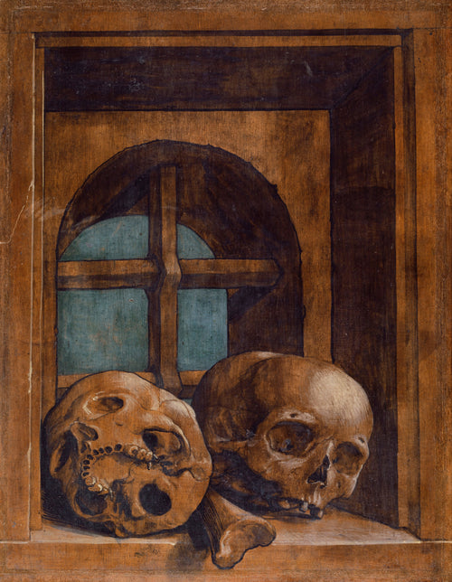 Two Skulls in a Window Niche by Hans Holbein the Younger — Two skulls on a ledge before an arched window