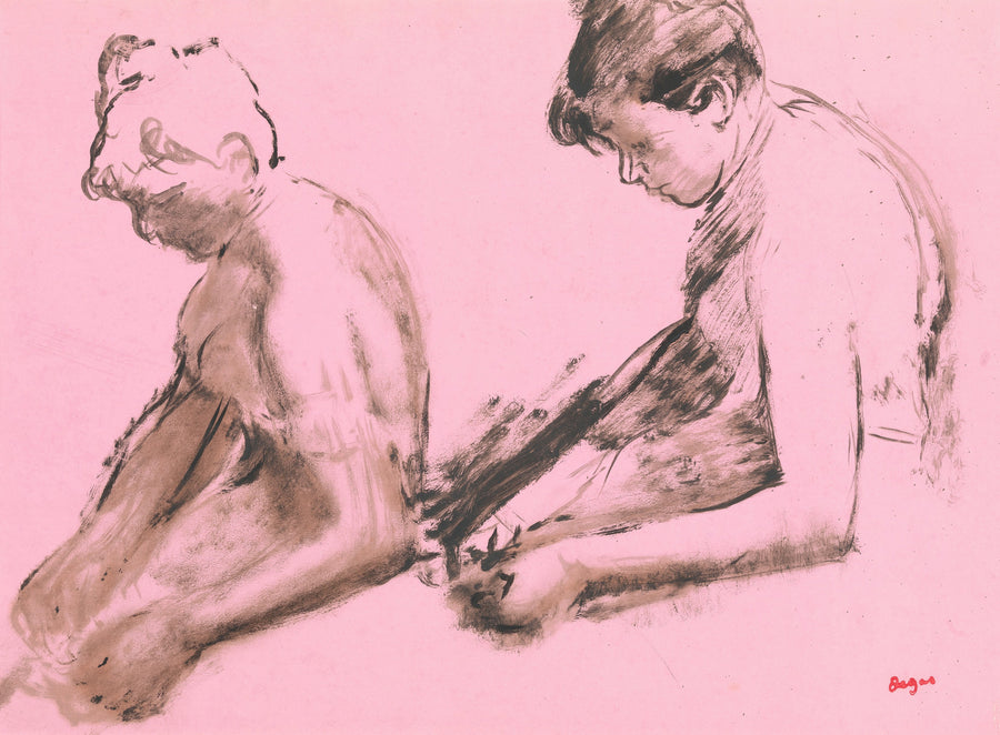 Edgar Degas — Two Studies of Dancers on Pink Paper | Fine Art Print shown to scale on a wall above a sofa