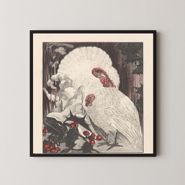Theo van Hoytema — Two White Turkeys with Holly Branches in the Snow | Art Nouveau Print