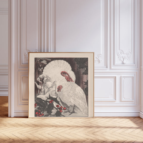 Theo van Hoytema — Two White Turkeys with Holly Branches in the Snow | Art Nouveau Print