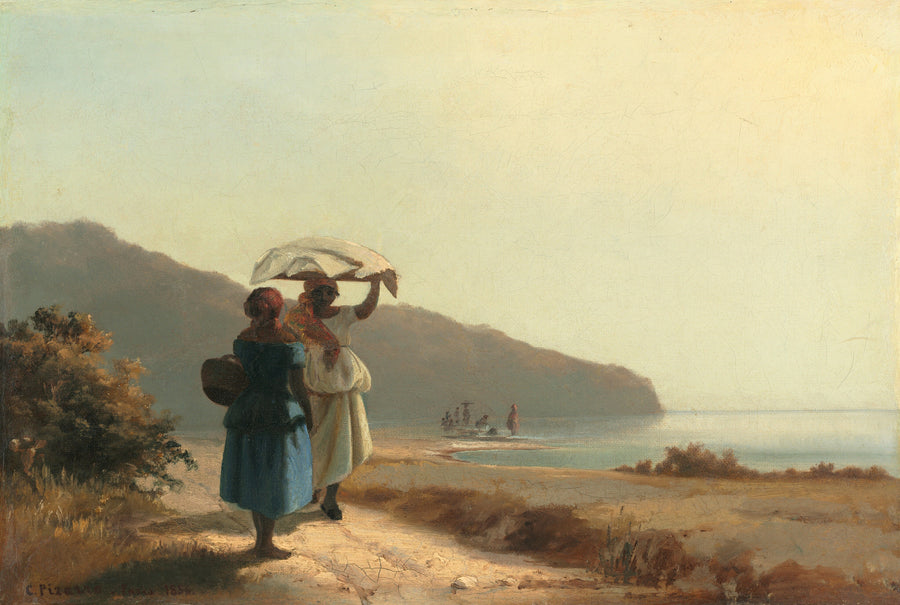 Camille Pissarro — Two Women Chatting by the Sea, St. Thomas | Fine Art Print shown to scale on a wall above a sofa