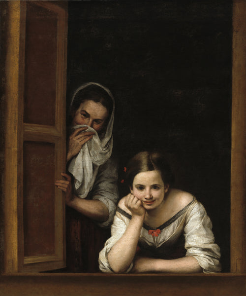 Two Women at a Window by Bartolomé Esteban Murillo — A young woman smiles from a sill as an older one peeks round a shutter