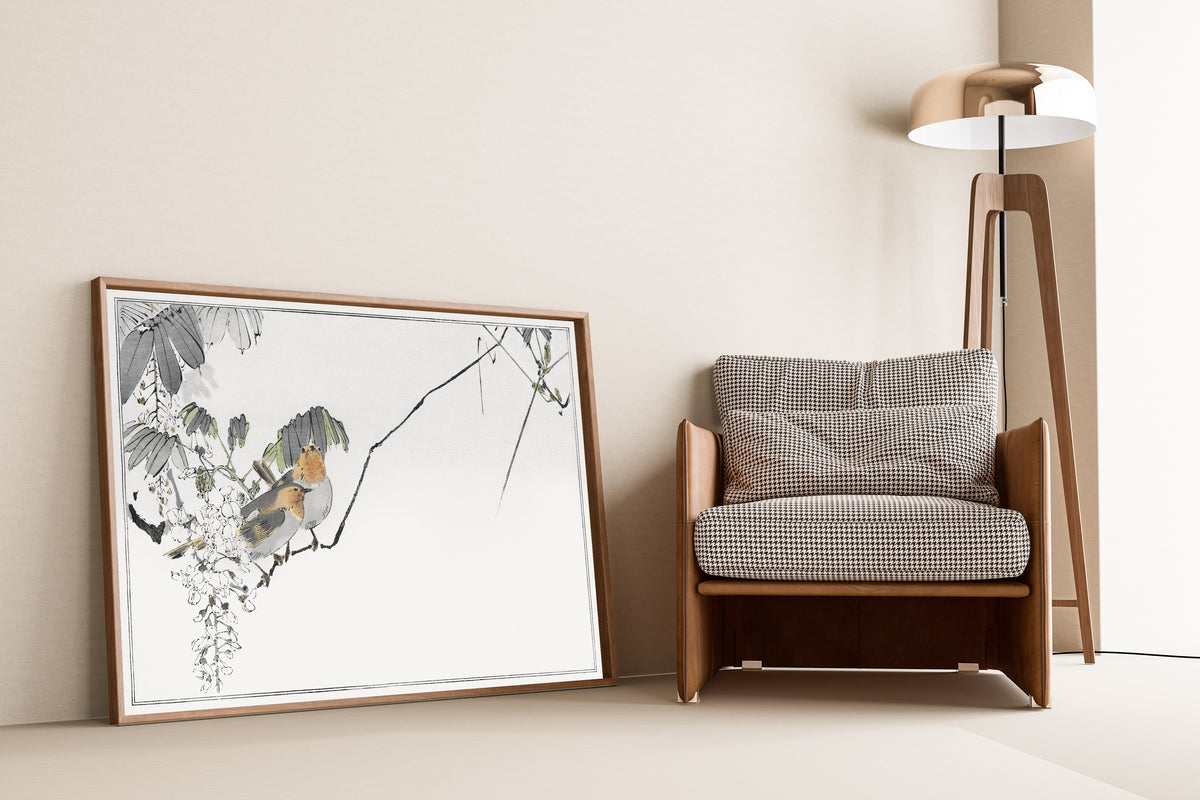 Watanabe Seitei — Two Birds and White Wisteria | Japanese Bird & Flower Woodblock Print