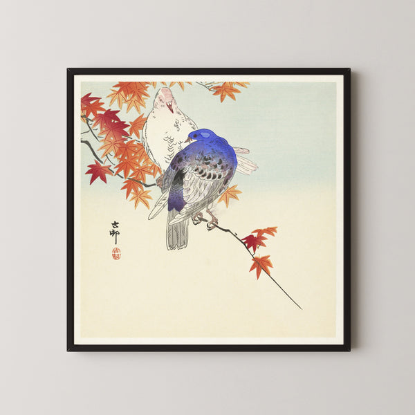 Ohara Koson — Two Pigeons on Autumn Branch | Japanese Bird & Flower Woodblock Print