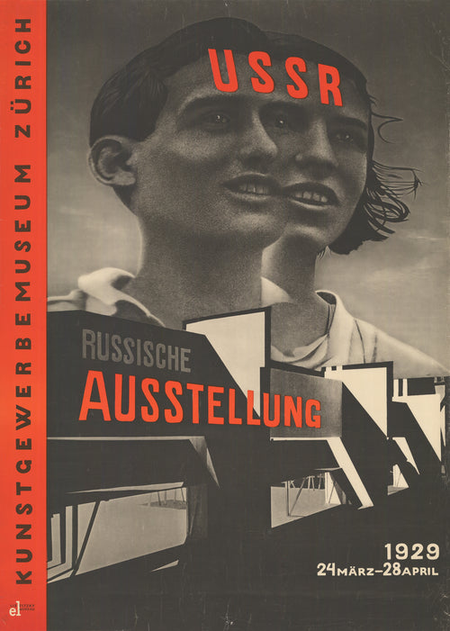 USSR Russian Exhibition, Kunstgewerbemuseum Zurich by El Lissitzky — Two overlapping faces look upward over a Soviet pavilion