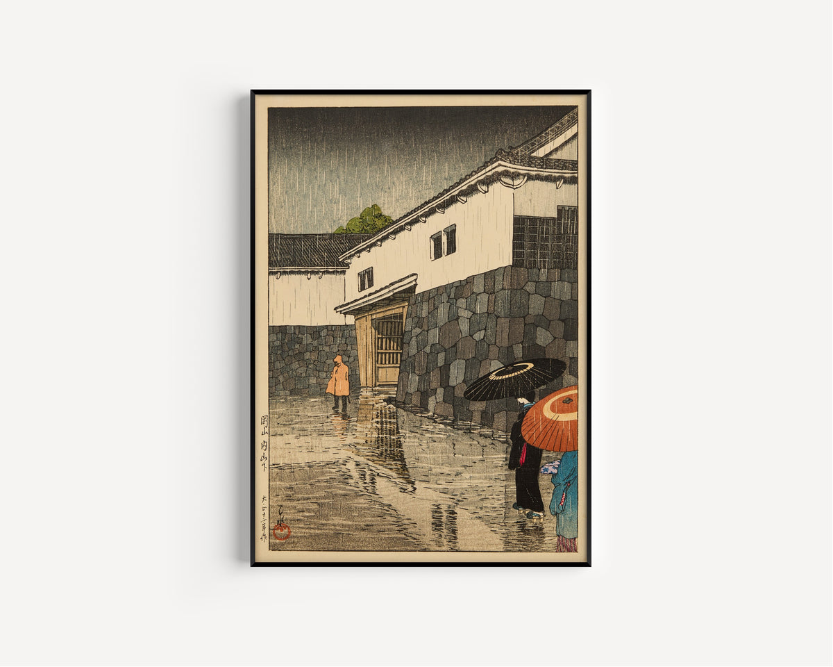 Framed art print of Uchiyamashita, Okayama by Kawase Hasui, in a slim black frame on a plain white wall