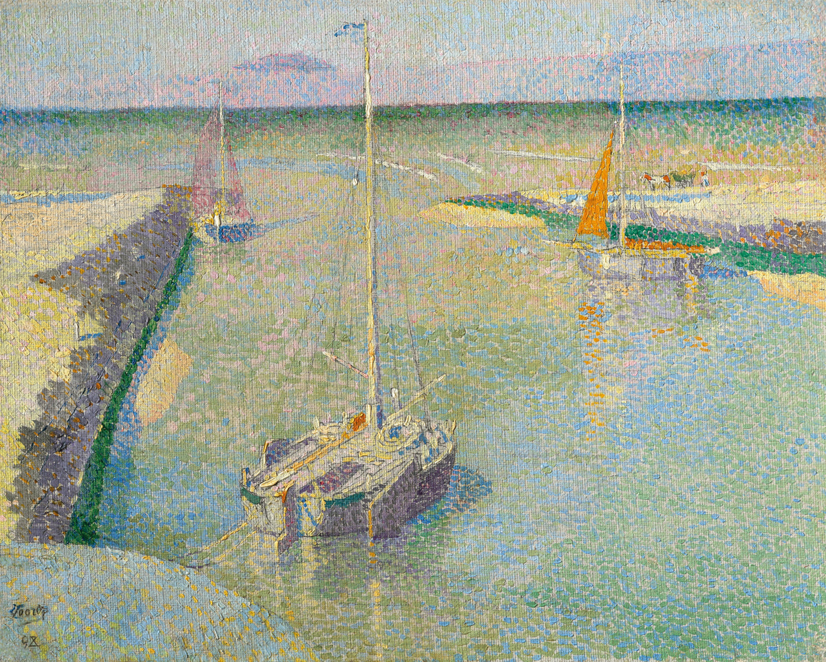 Uitmonding van den Rijn ou Le Port de Katwijk by Jan Toorop — Sailing barges drift through a harbour mouth in dotted light