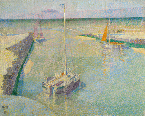 Uitmonding van den Rijn ou Le Port de Katwijk by Jan Toorop — Sailing barges drift through a harbour mouth in dotted light
