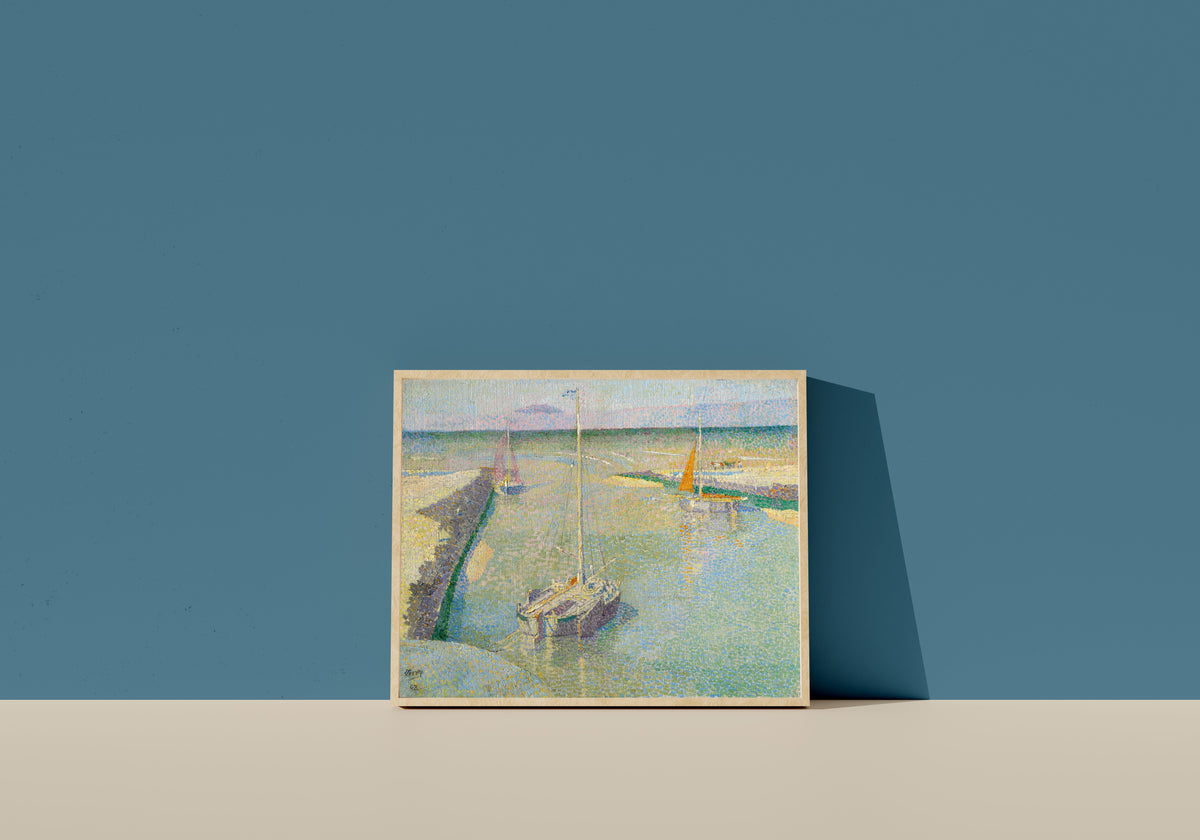 Framed art print of Uitmonding van den Rijn ou Le Port de Katwijk by Jan Toorop, in a light wood frame leaning on a blue wall