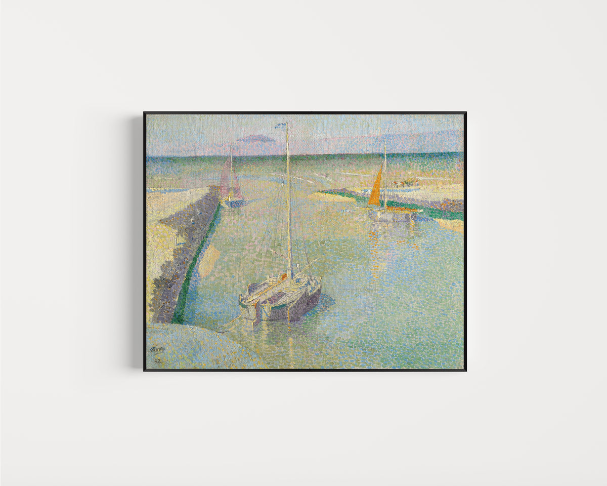 Framed art print of Uitmonding van den Rijn ou Le Port de Katwijk by Jan Toorop, in a slim black frame on a plain white wall