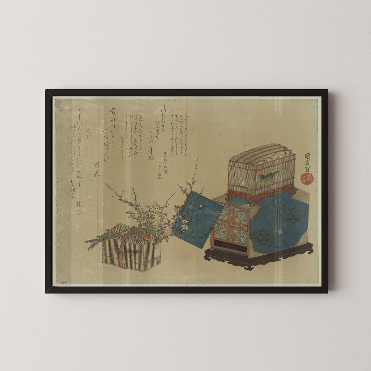 Ume ni Kago no Uguisu (Plum Blossoms and a Caged Warbler) by Utagawa Kunihiro — in a black frame on a pale wall