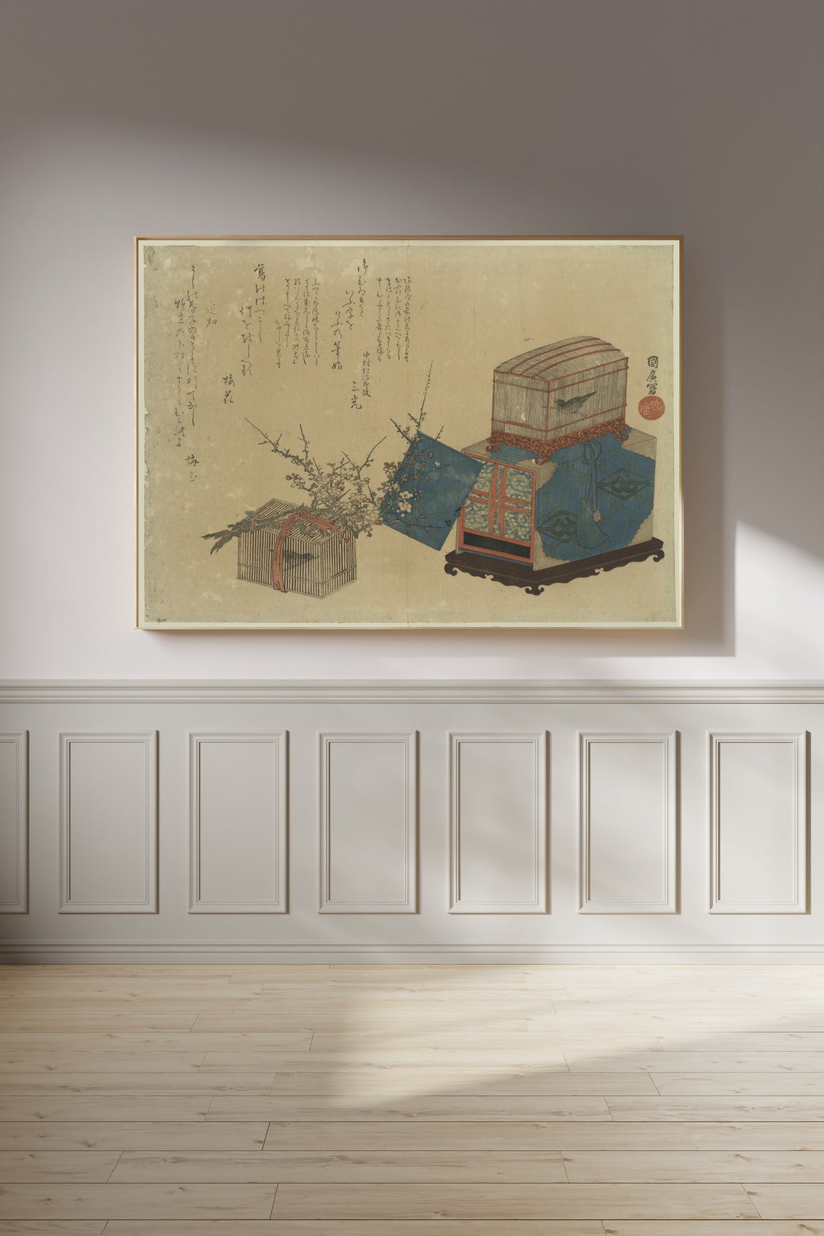 Ume ni Kago no Uguisu (Plum Blossoms and a Caged Warbler) by Utagawa Kunihiro — framed on a panelled wall in afternoon light