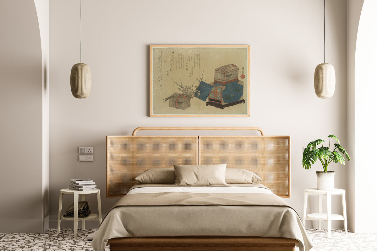 Ume ni Kago no Uguisu (Plum Blossoms and a Caged Warbler) by Utagawa Kunihiro — framed above a cane-headboard bed