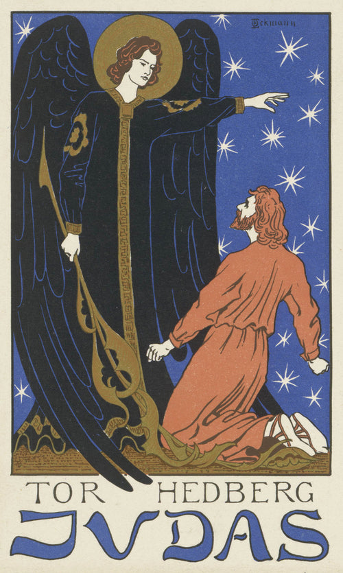 Umschlagtitel zu Tor Hedberg, Judas by Otto Eckmann — A dark-winged angel reaches over a kneeling man under stars