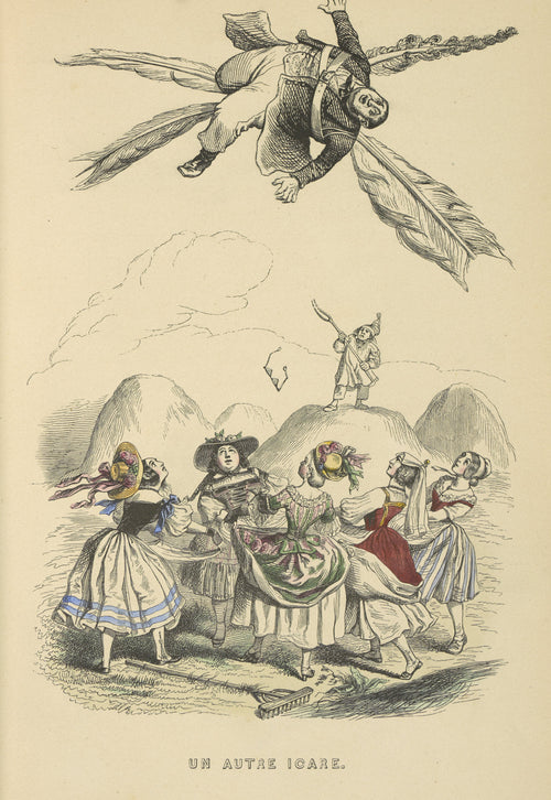 Un autre monde: Another Icarus by J. J. Grandville — A man strapped to feathered wings tumbles over five dancing hay girls