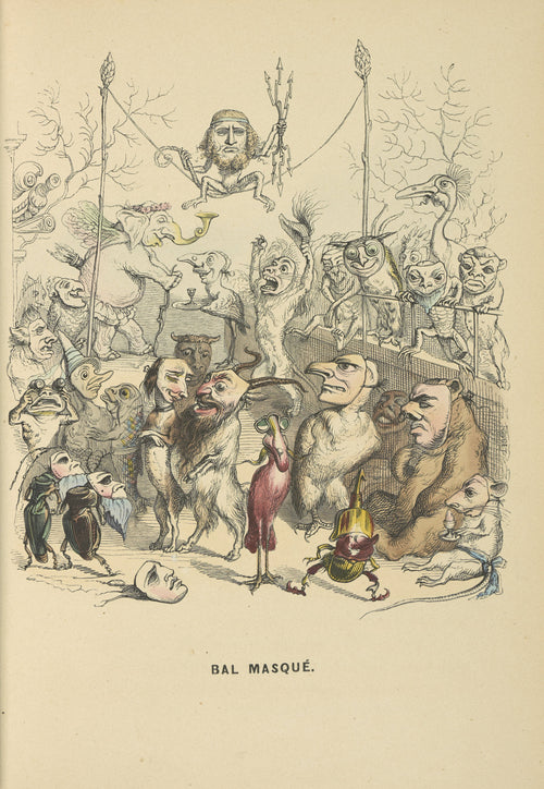 Un autre monde: Masked Ball by J. J. Grandville — Animals in human masks crowd a ballroom beneath a tightrope walker
