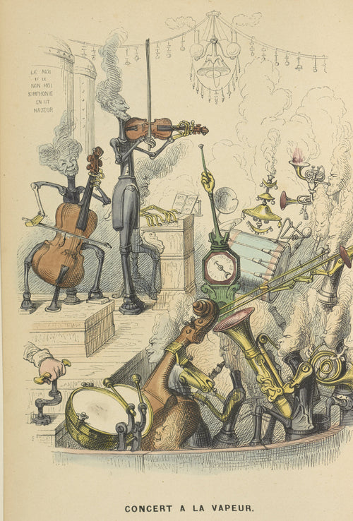 Un autre monde: Steam Concert by J. J. Grandville — An orchestra of steam-driven machines plays under a chandelier