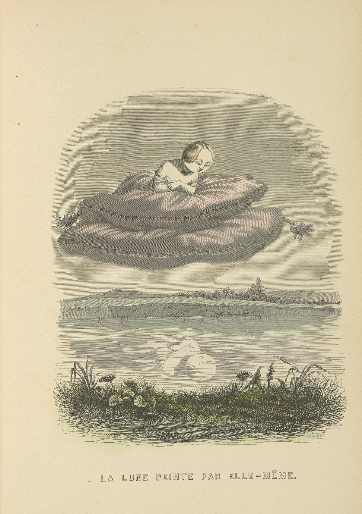 Un autre monde: The Moon Painted by Herself by J. J. Grandville — The moon as a sleepy woman drifts on cushions above a still lake
