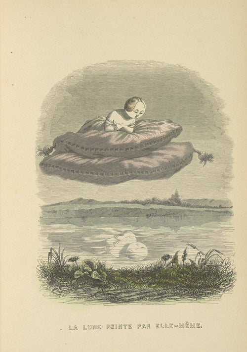 Un autre monde: The Moon Painted by Herself by J. J. Grandville — The moon as a sleepy woman drifts on cushions above a still lake