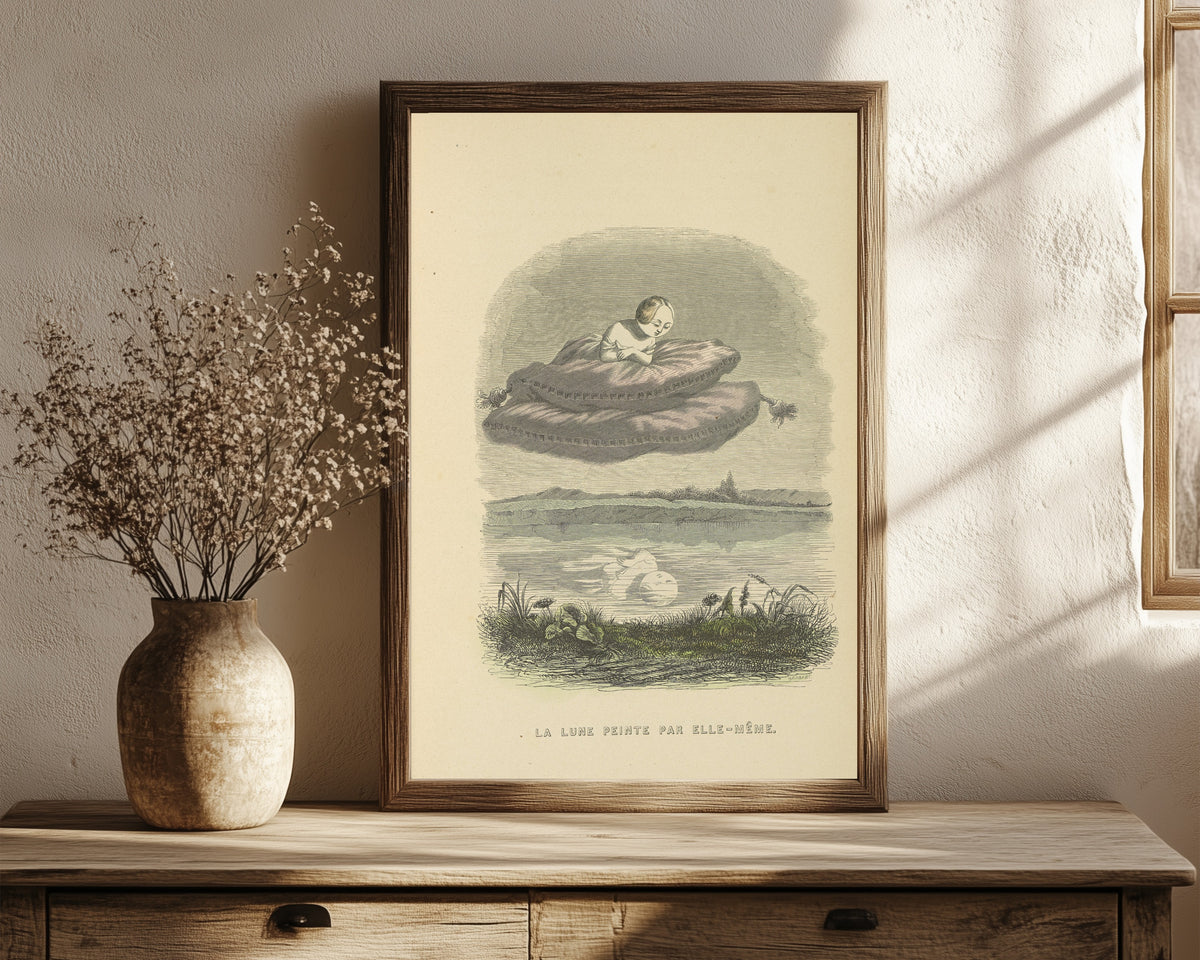 Framed art print of Un autre monde: The Moon Painted by Herself by J. J. Grandville, in a dark wood frame leaning on a rustic console beside dried flowers