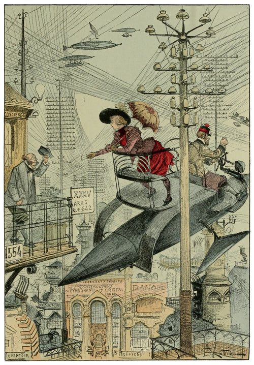 Un quartier embrouillé by Albert Robida — A flying machine pulls up at a balcony in a city strung with wires