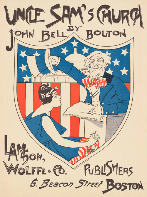 Uncle Sam's Church by Ethel Reed — Uncle Sam pulls back a drape beside a laurelled woman