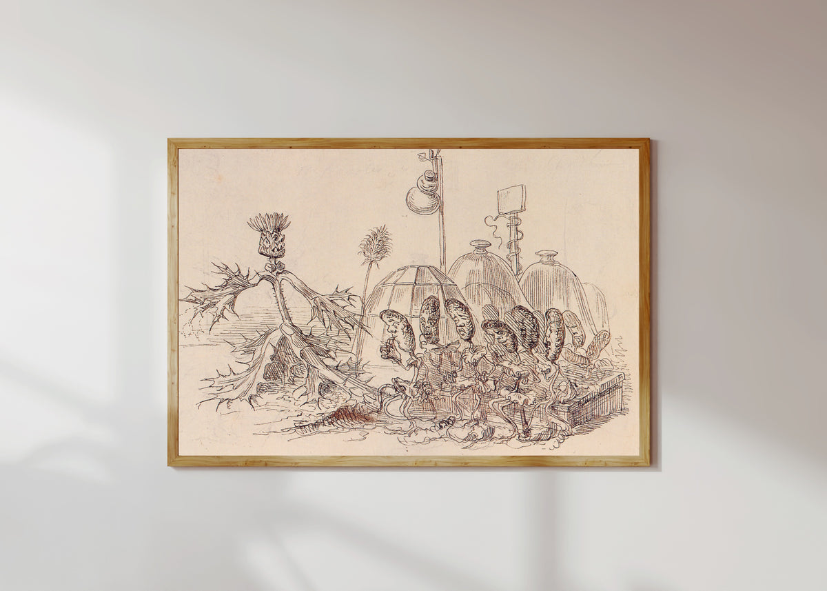 Framed art print of Une revolution vegetale by J. J. Grandville, in a light wood frame on a sunlit white wall