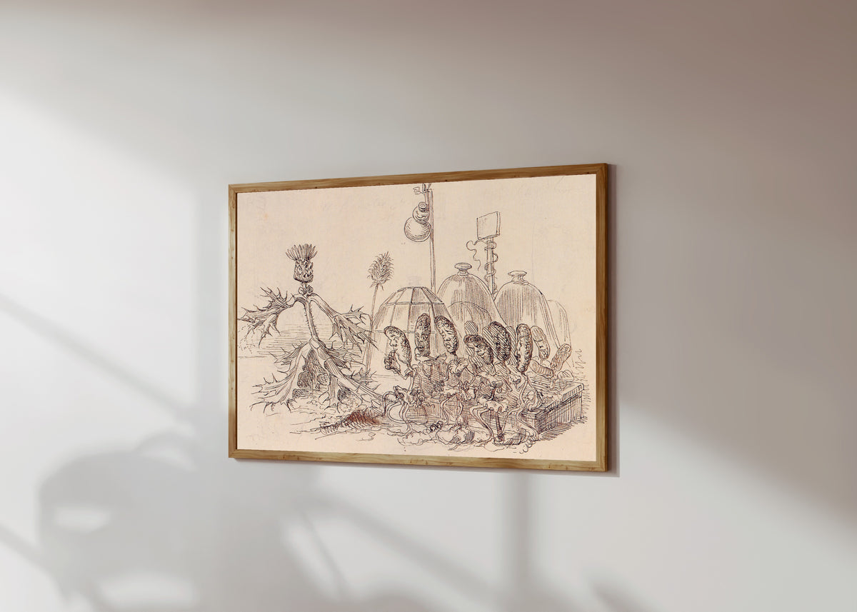 Framed art print of Une revolution vegetale by J. J. Grandville, in a light wood frame on a sunlit white wall, seen at a slight angle