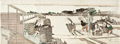 Unloading Bonito for Market by Katsushika Hokusai — Porters carry baskets of bonito overhead from boats to the quay