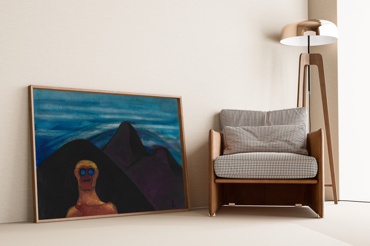Karl Wiener — Untitled (Blue-Eyed Figure before Mountains) | Surreal Art Print