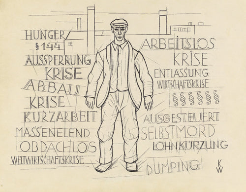 Untitled (Hunger, World Economic Crisis, Unemployed) by Karl Wiener — A capped worker stands amid lettered words of crisis and hunger