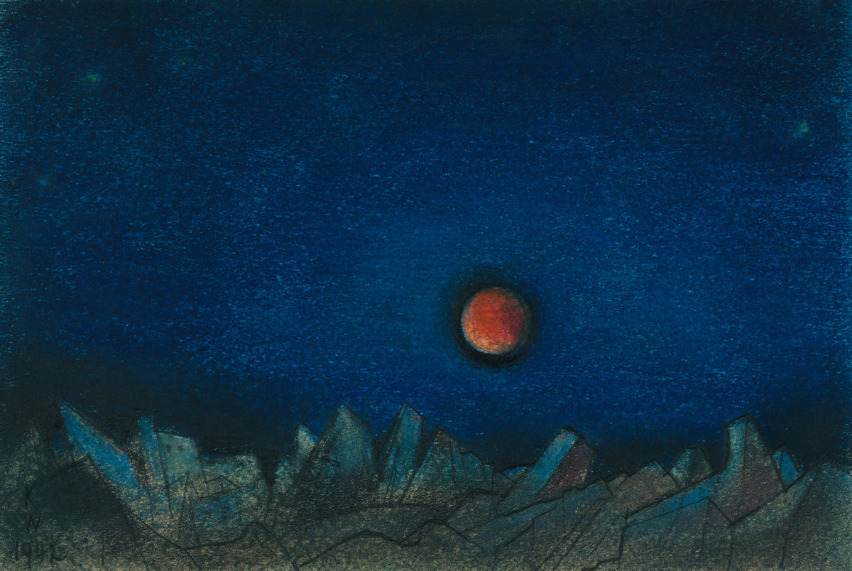 Karl Wiener — Untitled (Red Moon over a Landscape of Ruins) | Modernist Landscape Print