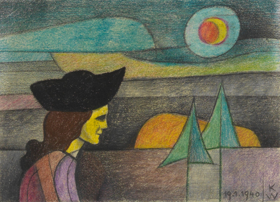 Karl Wiener — Untitled (Woman with a Black Hat) | Expressionist Art Print shown to scale on a wall above a sofa