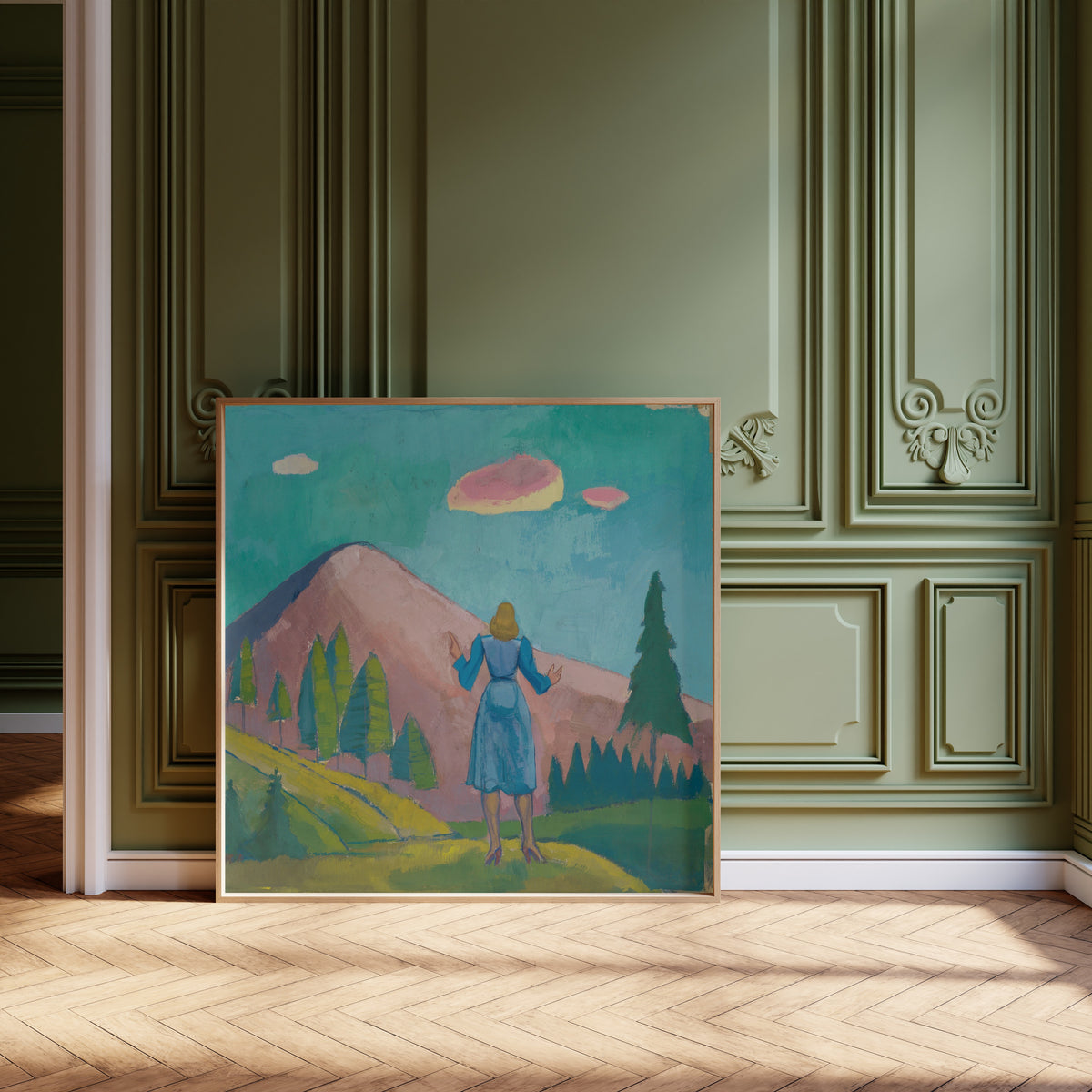 Karl Wiener — Untitled XI (Woman before a Pink Mountain) | Modernist Landscape Print