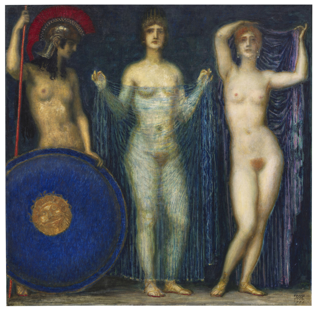 Urteil des Paris by Franz von Stuck — Three goddesses stand side by side against a midnight-blue ground