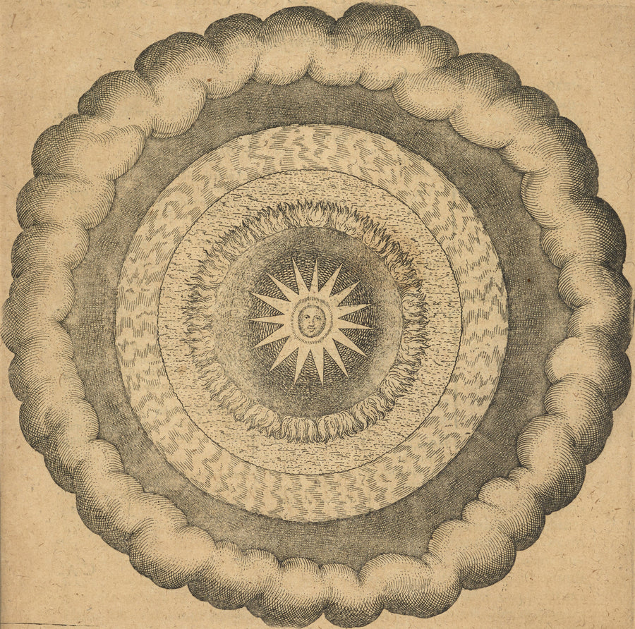 Robert Fludd — Utriusque Cosmi, the Primordial Plate on Page 43 | Alchemical Engraving Print shown to scale on a wall above a sofa