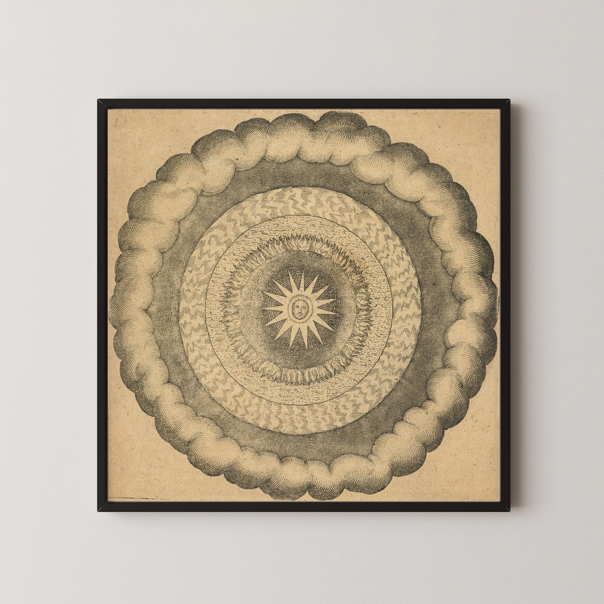 Framed art print of Utriusque Cosmi, the Primordial Plate on Page 43 by Robert Fludd, in a black frame on a pale wall