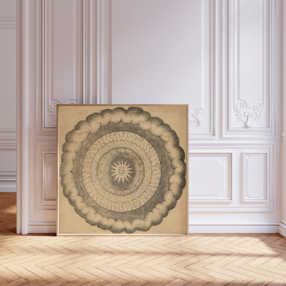 Framed art print of Utriusque Cosmi, the Primordial Plate on Page 43 by Robert Fludd, leaning against pale pink panelling on a herringbone floor