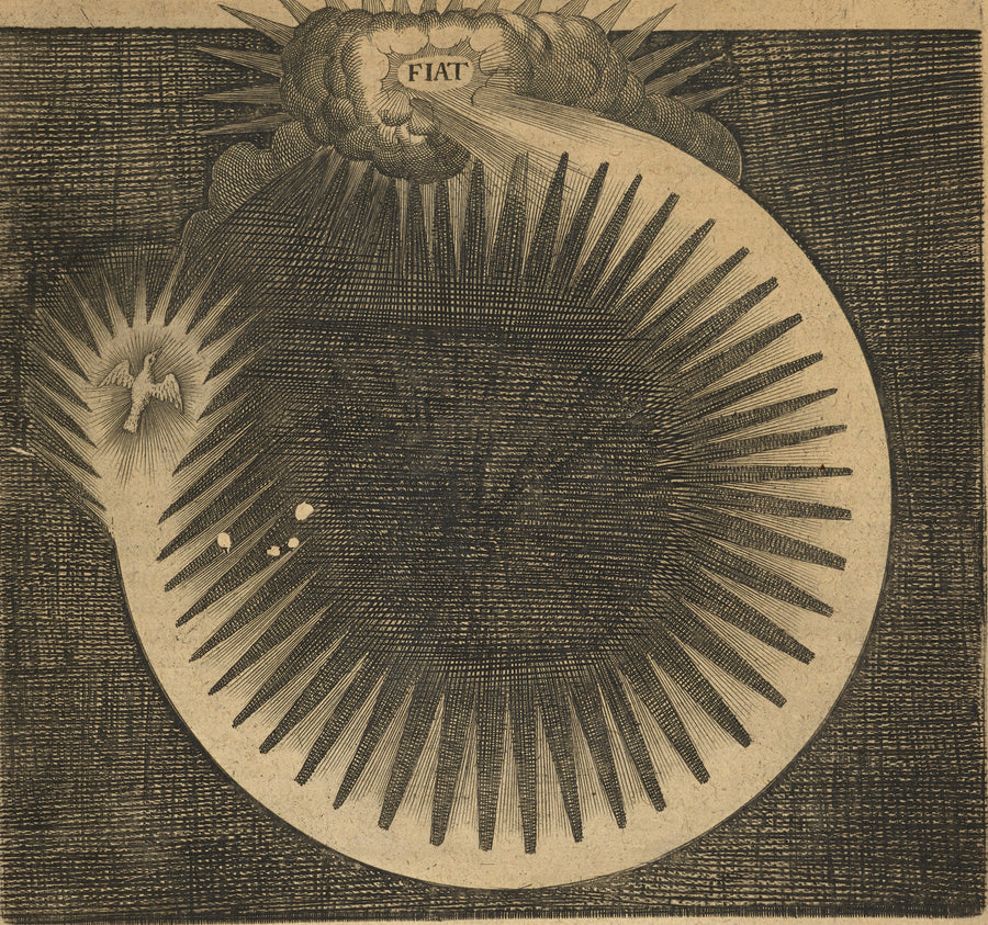 Robert Fludd — Utriusque Cosmi, the Primordial Plate on Page 46 | Alchemical Engraving Print shown to scale on a wall above a sofa