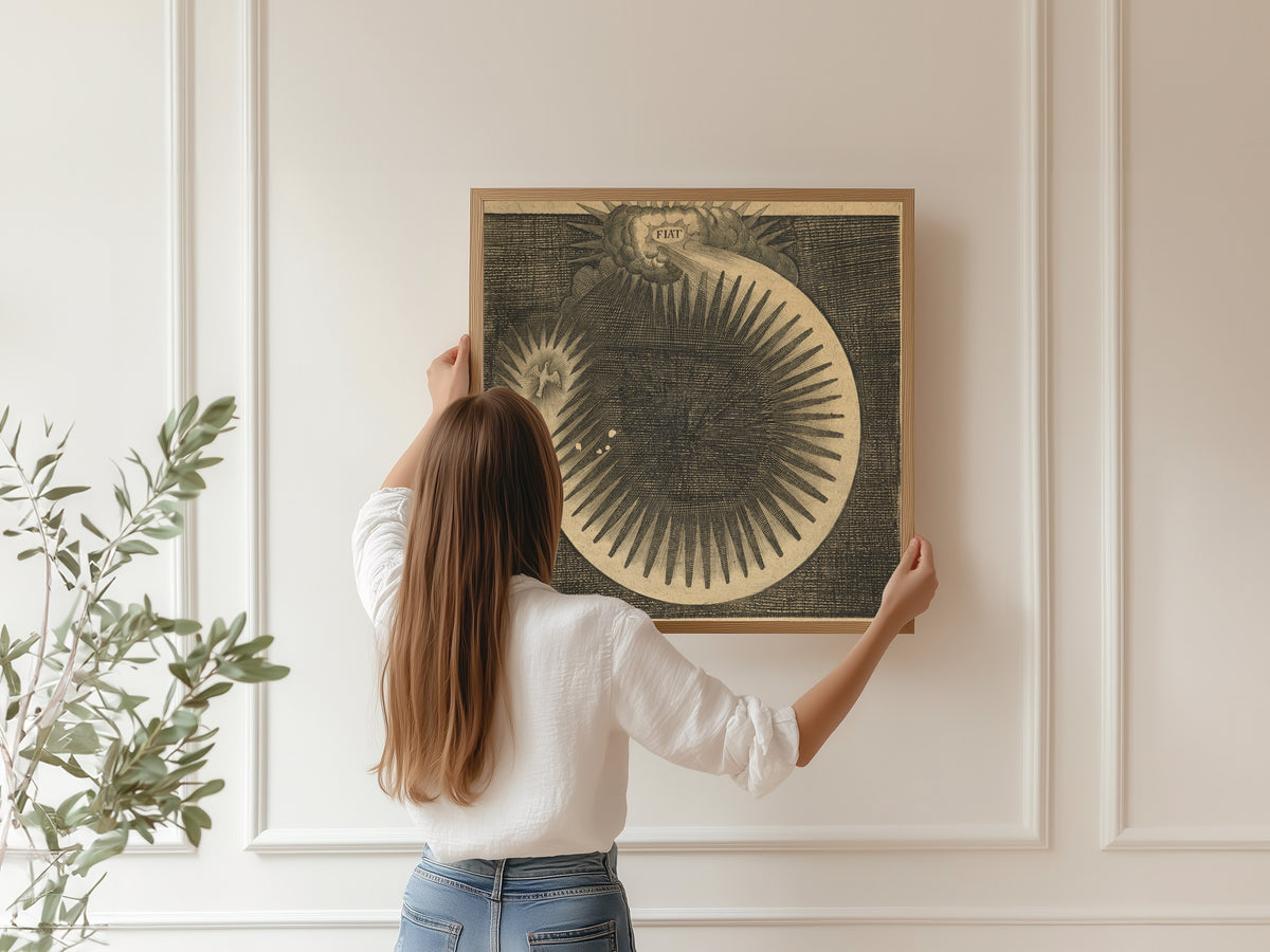 Framed art print of Utriusque Cosmi, the Primordial Plate on Page 46 by Robert Fludd, hung on a panelled wall