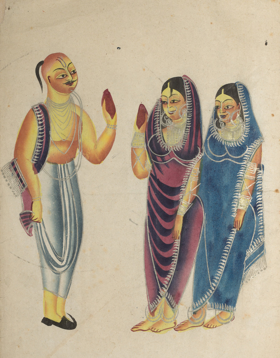 Kalighat painter — Vaishnava Devotee with Two Women | Kalighat Painting Print shown to scale on a wall above a sofa